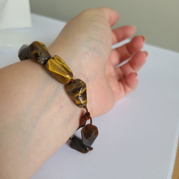 Vintage Boho Chunky Brown Tiger's Eye Gemstone Adjustable Beaded String Bracelet - Picture 7 of 7